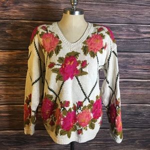Express Vintage Hand Knit Floral Sweater Large 1238